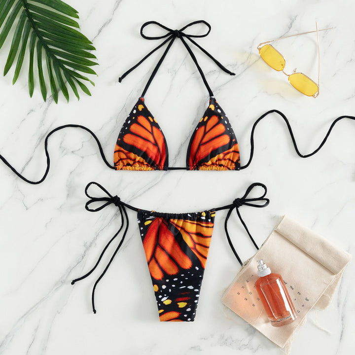 Dame triangel-bikini med sommerfugle-design og justerbare bånd Skovae