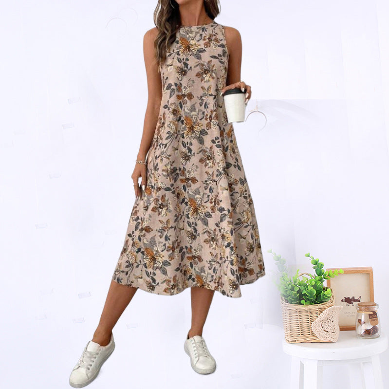 Dame Floral Print Midi Kjole med Sidelommer Stilla