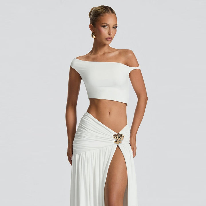 Dame Elegant Crop Top og Højskåret Maxi Nederdel Sæt Skovae