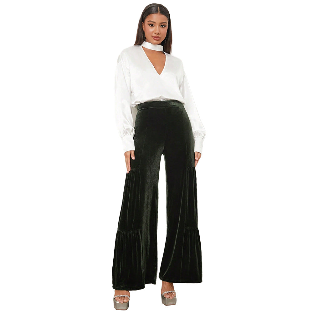 Dame Bred Velour Bukser med Volant Detaljer Stilla