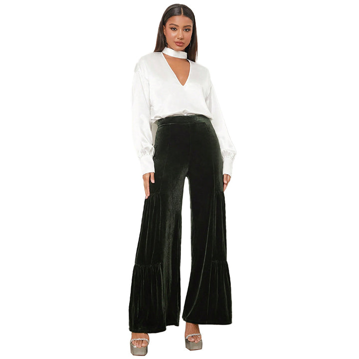 Dame Bred Velour Bukser med Volant Detaljer Stilla