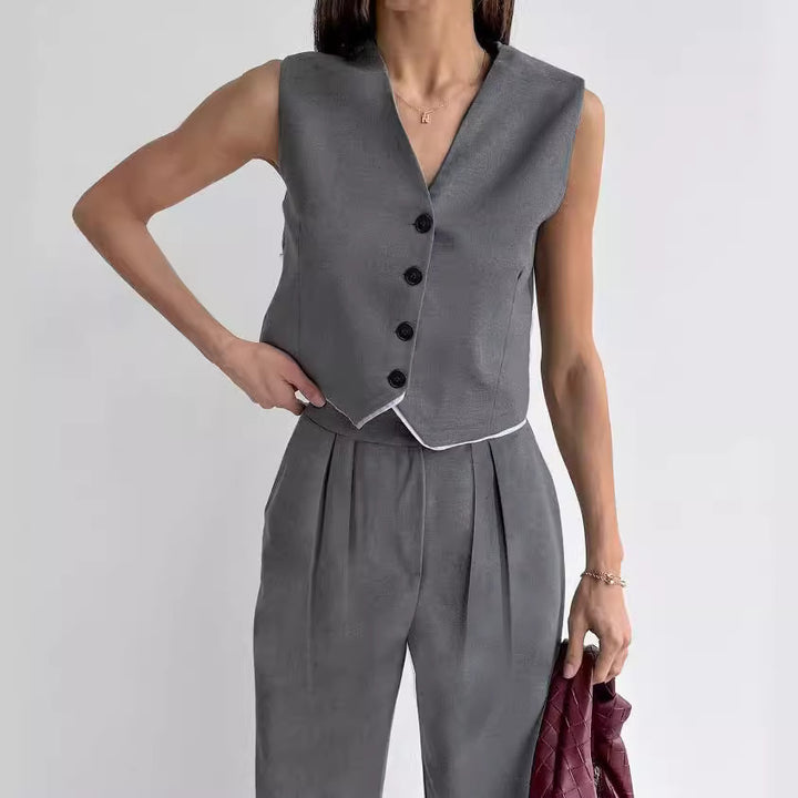Dame Elegant Cropped Blazer-Sæt med bred buks og moderigtige accenter Stilla
