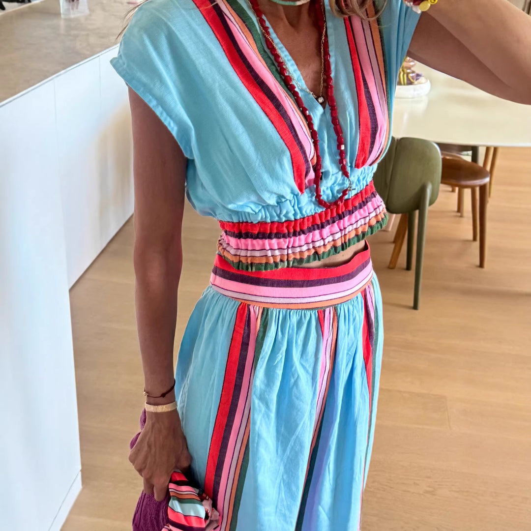 Ladies Beach Maxi Dress with Elastic Waistband and Colorful Striped Pattern Skovae