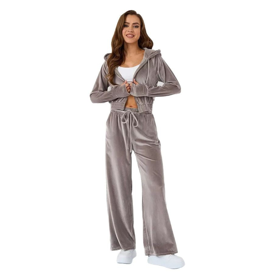Dames fashionable fløjl loungewear sæt med cropped jakke og brede bukser Skovae