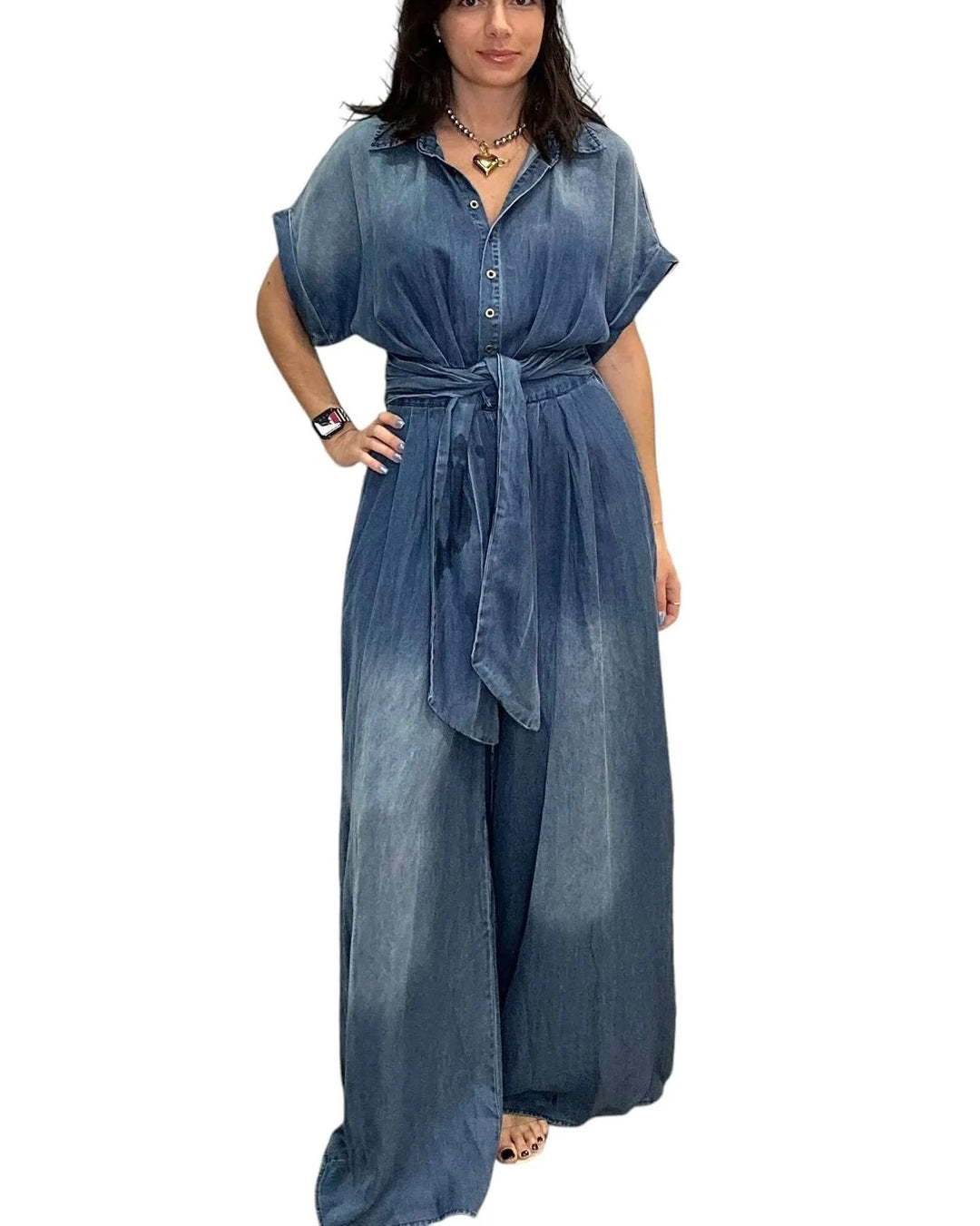 Dame afslappet denim-overall med vidde ben og praktiske lommer Stilla