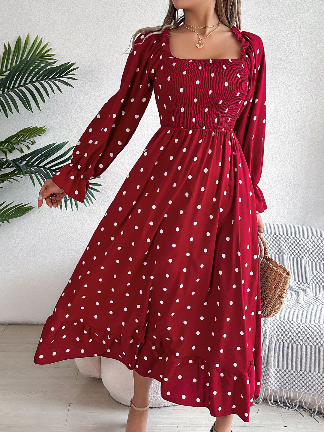 Dame Langærmet Midikjole med Polka-Dots og Flæsekant Stilla