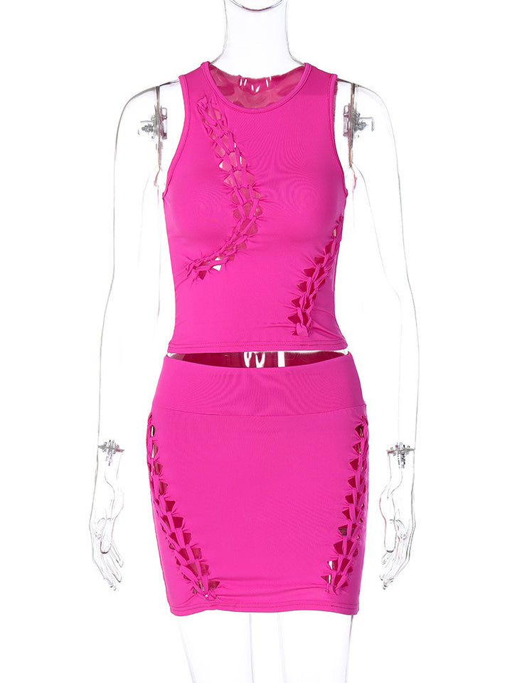 Dame Sporty Crop-Top og Mini Skirt Sæt med kreativt Cut-Out Design Stilla