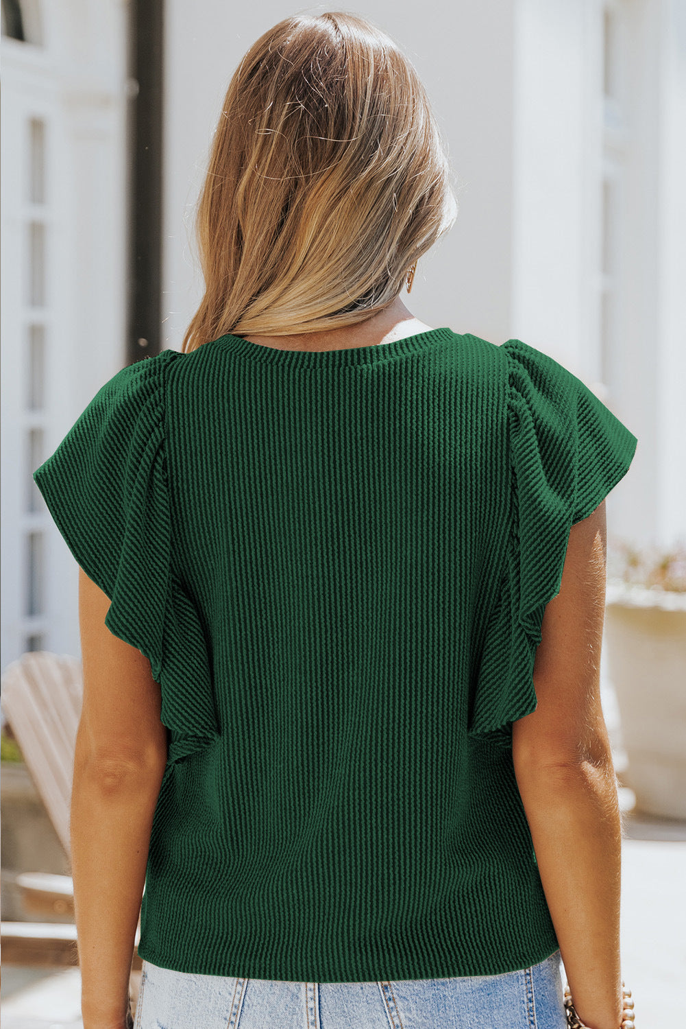 Stilla | Crew Neck Ruffle Kort Ærme Solid Løs Bluse