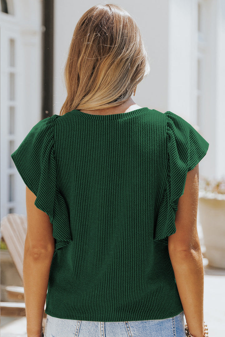 Stilla | Crew Neck Ruffle Kort Ærme Solid Løs Bluse