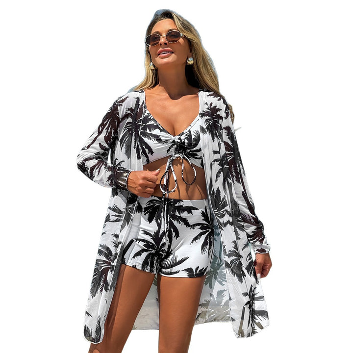 Dame Strand-Kimono og Bikini-Sæt med tropisk Palmendesign Stilla
