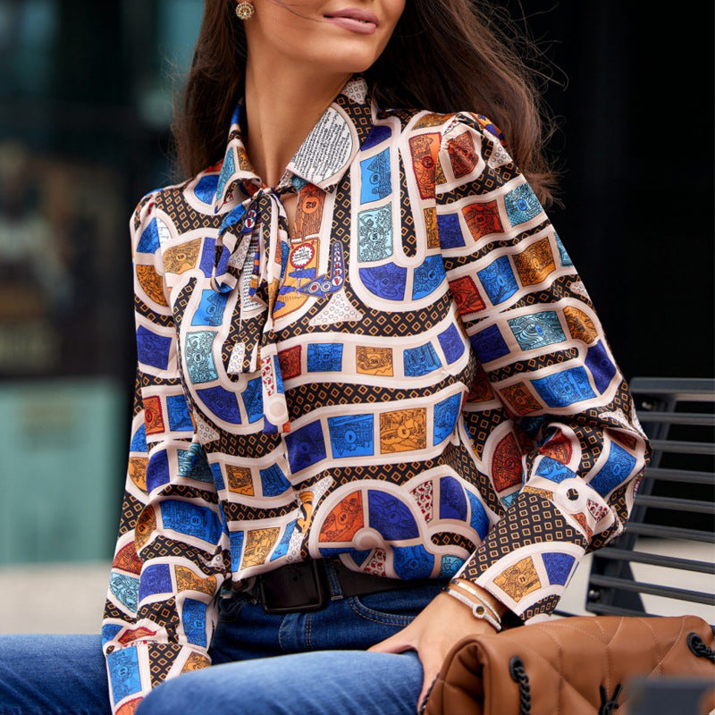 Dame Elegant Bluse med geometrisk mønster og sløjfe-detalje Stilla