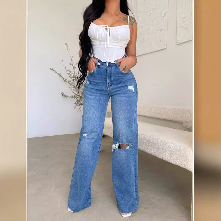 Kvinder Vintage Løse Jeans i Ødelagt-Stil med Høj Talje Stilla