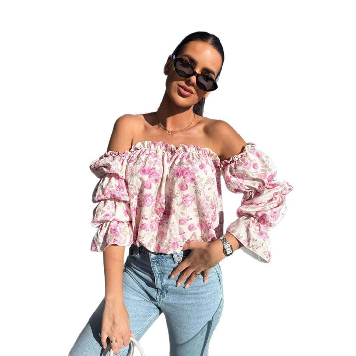 Dame Off-Shoulder Blomst Bluse med Ballonærmer Stilla