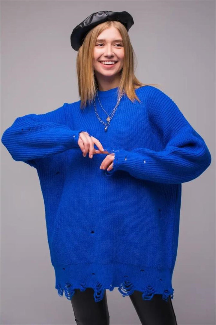 Dame Oversized Strikbluse med unikt hulmønster og ribstruktur Stilla