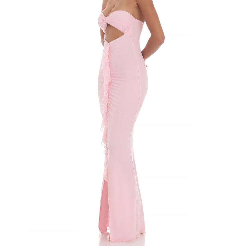 Dame maxikjole i raffineret drapering-stil med cut-out og flæser Stilla