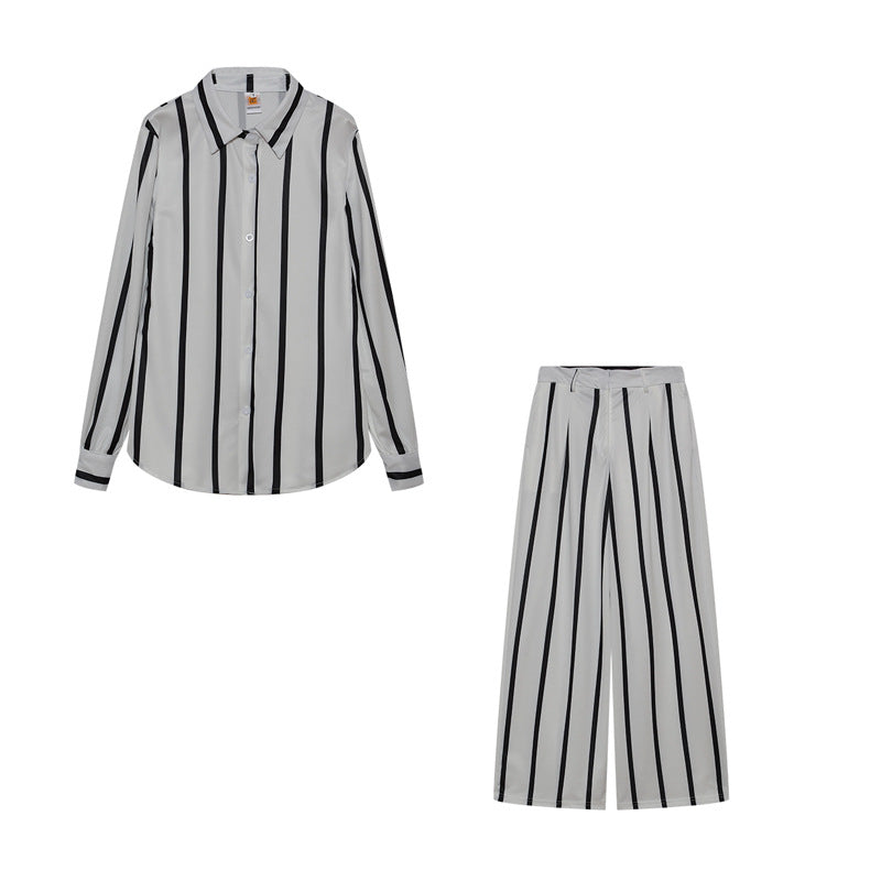 Dame stribet Button-Up Skjorte og bred Bukser Sæt Stilla