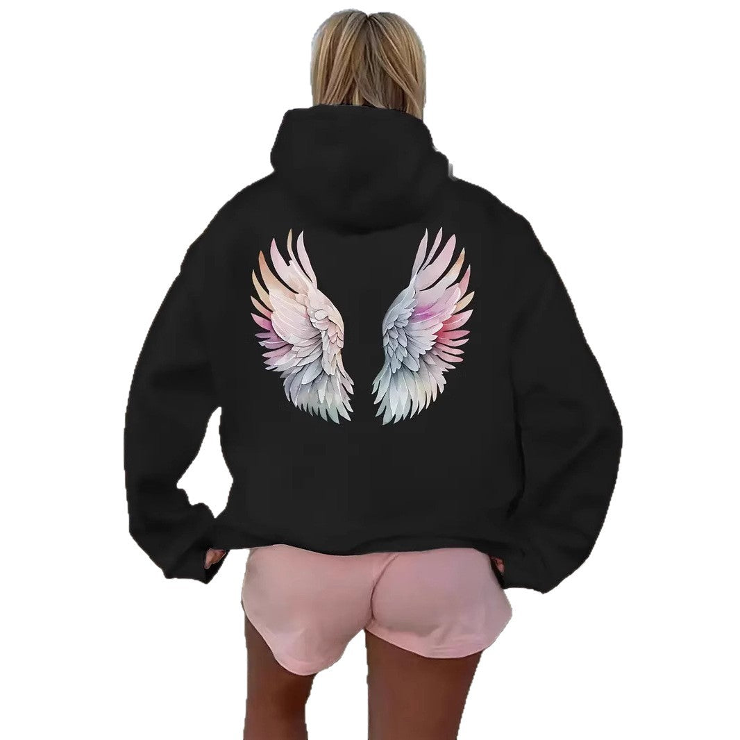 Dame hoodie sweatshirt med fantasifuld vingemotiv Skovae