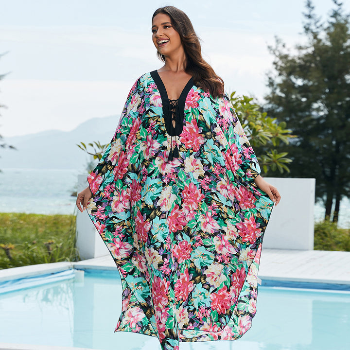 Dame Strandkaftan med florale mønstre og dyb V-udskæring Stilla