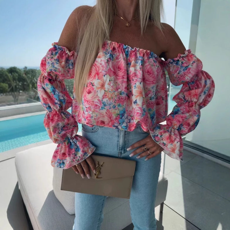 Damer Off-Shoulder Bluse med voluminøse puffærmer og floralt design Stilla