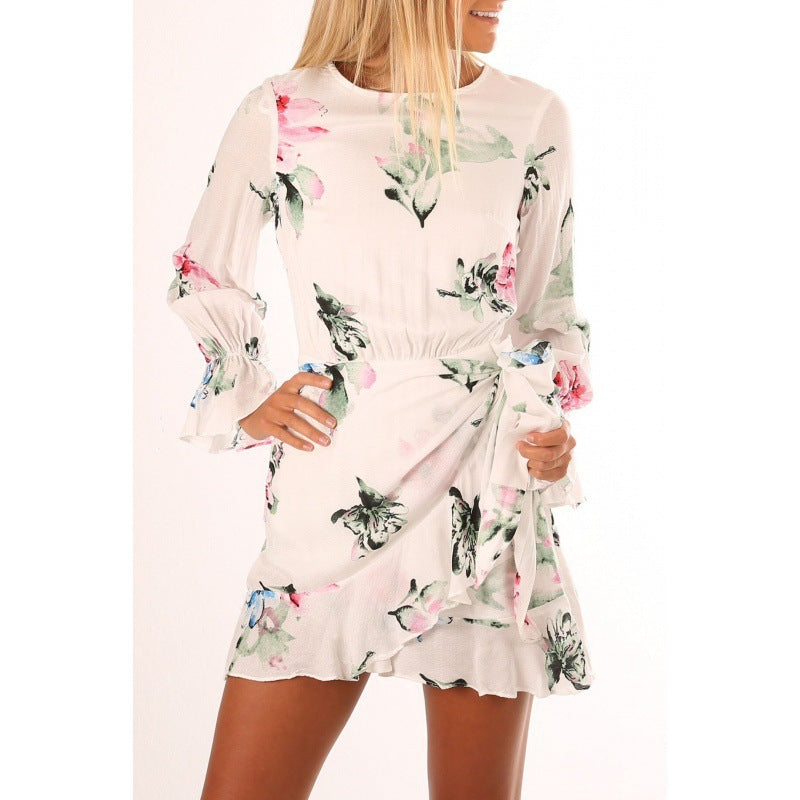 Dame Floral Print Mini Wrap Kjole med Flare ærmer Stilla