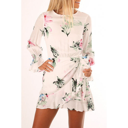 Dame Floral Print Mini Wrap Kjole med Flare ærmer Stilla
