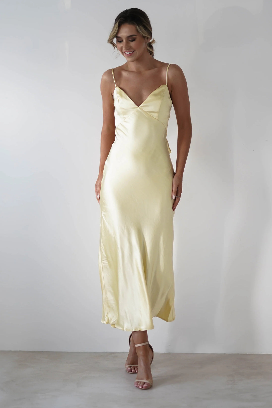 Ladies Satin Maxi Dress in elegant cut with narrow spaghetti straps Skovae