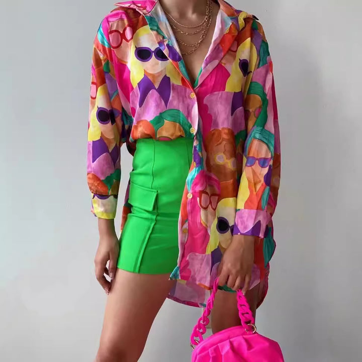 Dame Oversized Bluse med farverige illustrationer Stilla