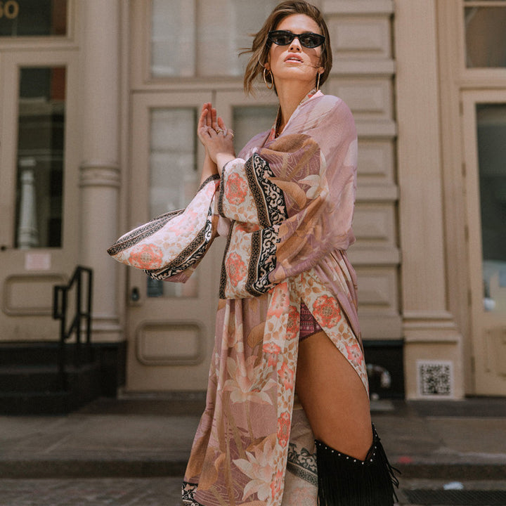 Dame Boho-stil strandtunica med blomstermønster og elegant snit Stilla