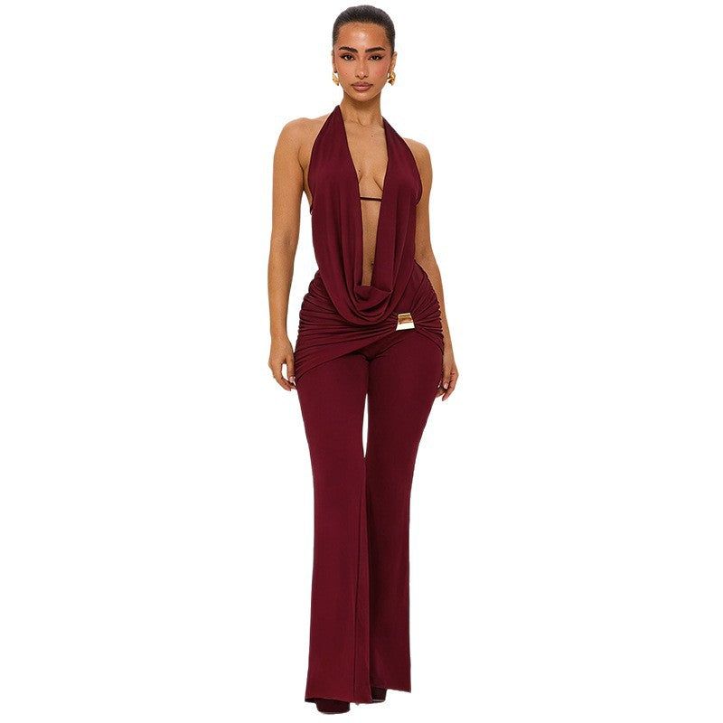 Dame Elegant jumpsuit med dobbelt krave og trendy rynkning Skovae