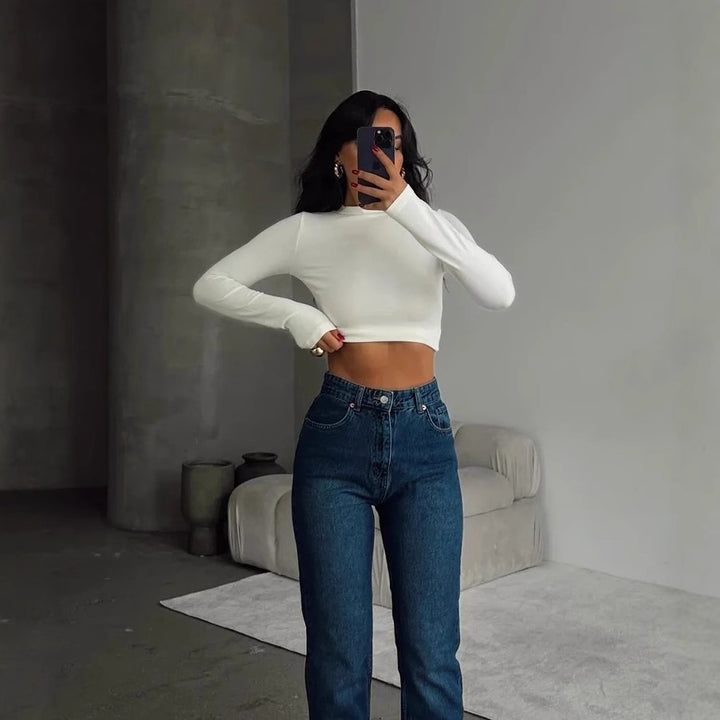 Dame moderigtig Tør-Fit Crop-Top med Ståkrave Skovae