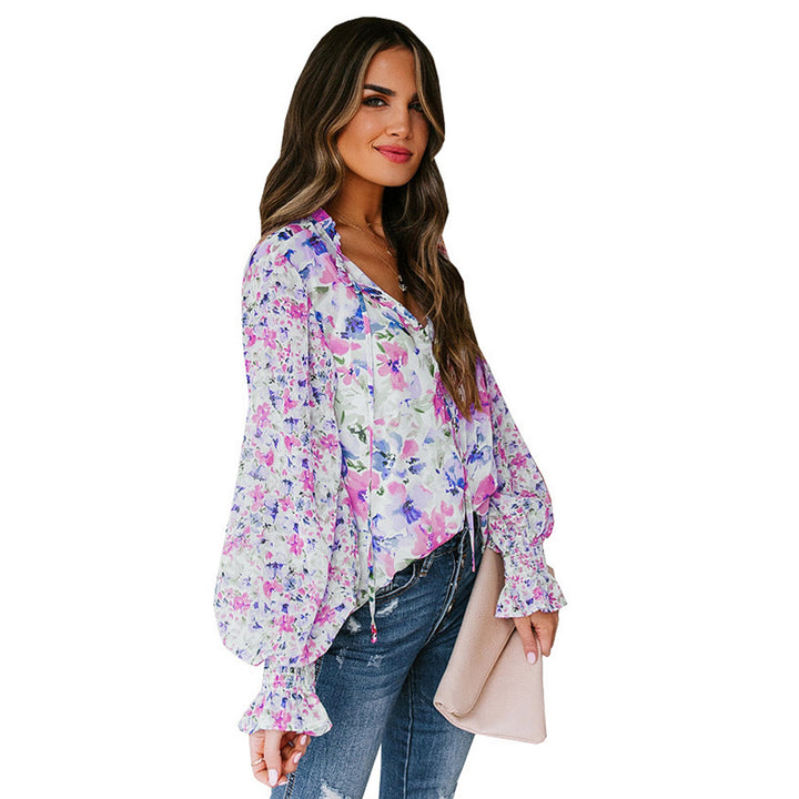 Damer Blomster mønster blouse top med brede ærmer Stilla