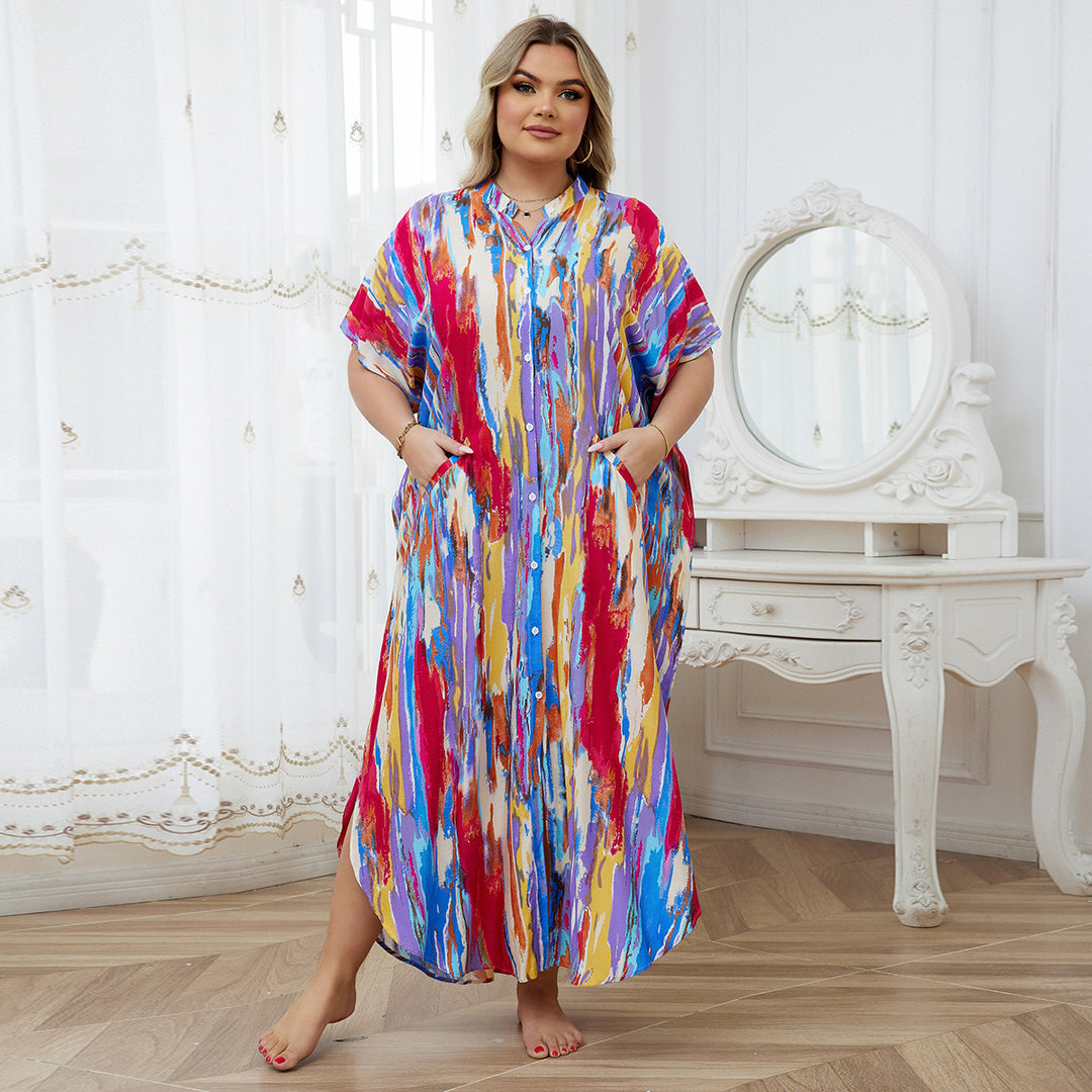 Dame Kaftan med sidelommer og farverigt print Stilla