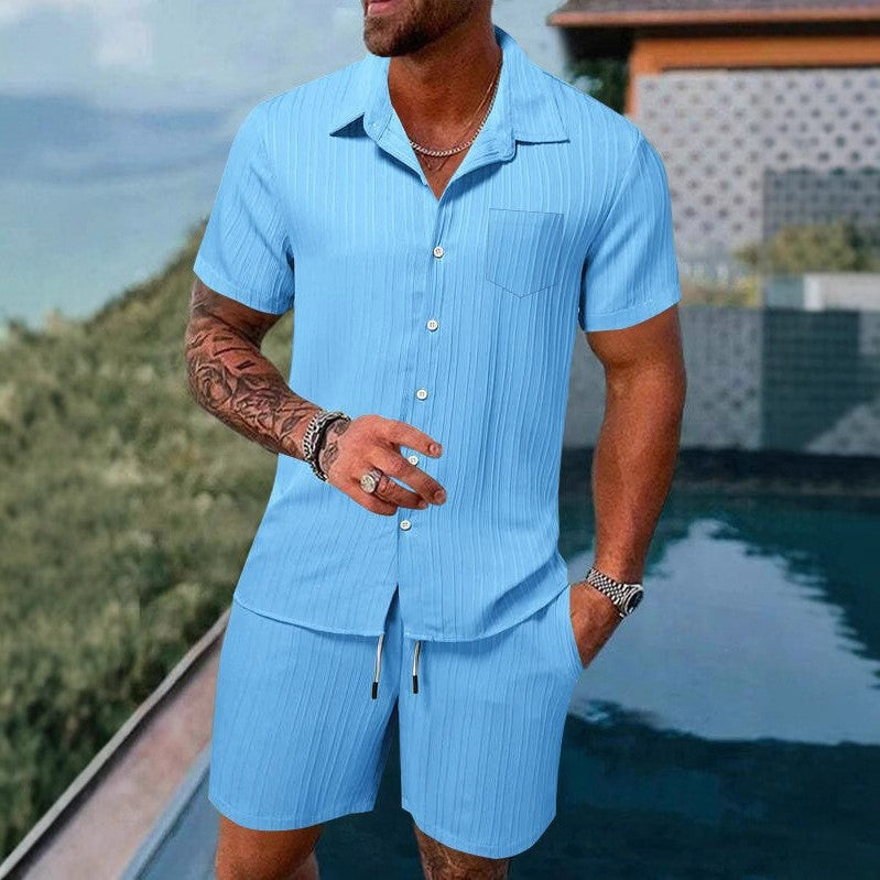Herren kortærmet skjorte og shorts sæt med struktureret design Stilla