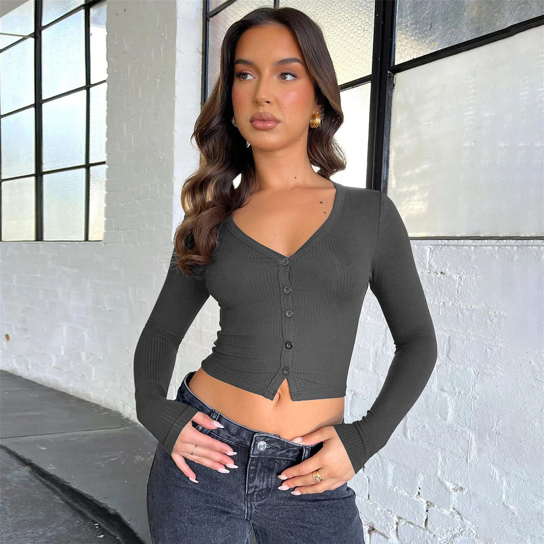 Dame cropped rib-top med knaplukning og dyb V-hals Stilla