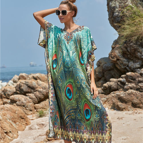 Dame Kaftan med kunstnerisk påfuglemotiv Stilla