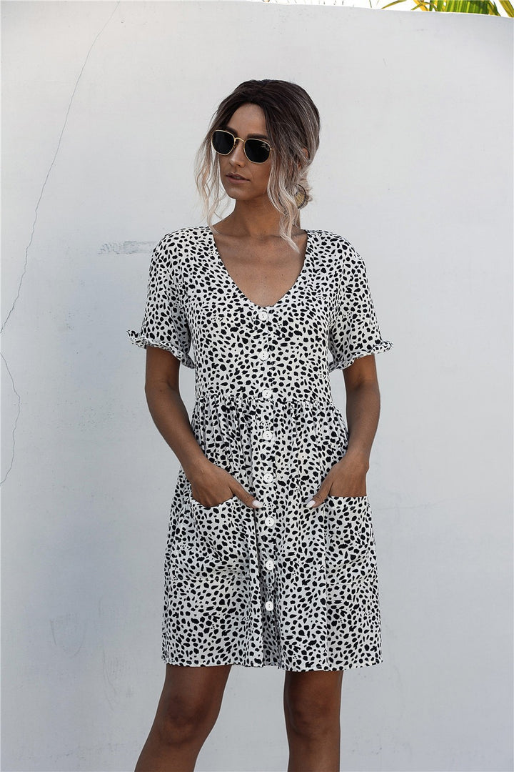 Dame Button-Up Kortærmet Kjole med Oversize Lommer Stilla
