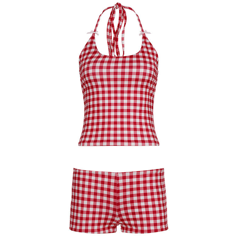 Dame Gingham mønster badedragt med justerbar halterneck Skovae