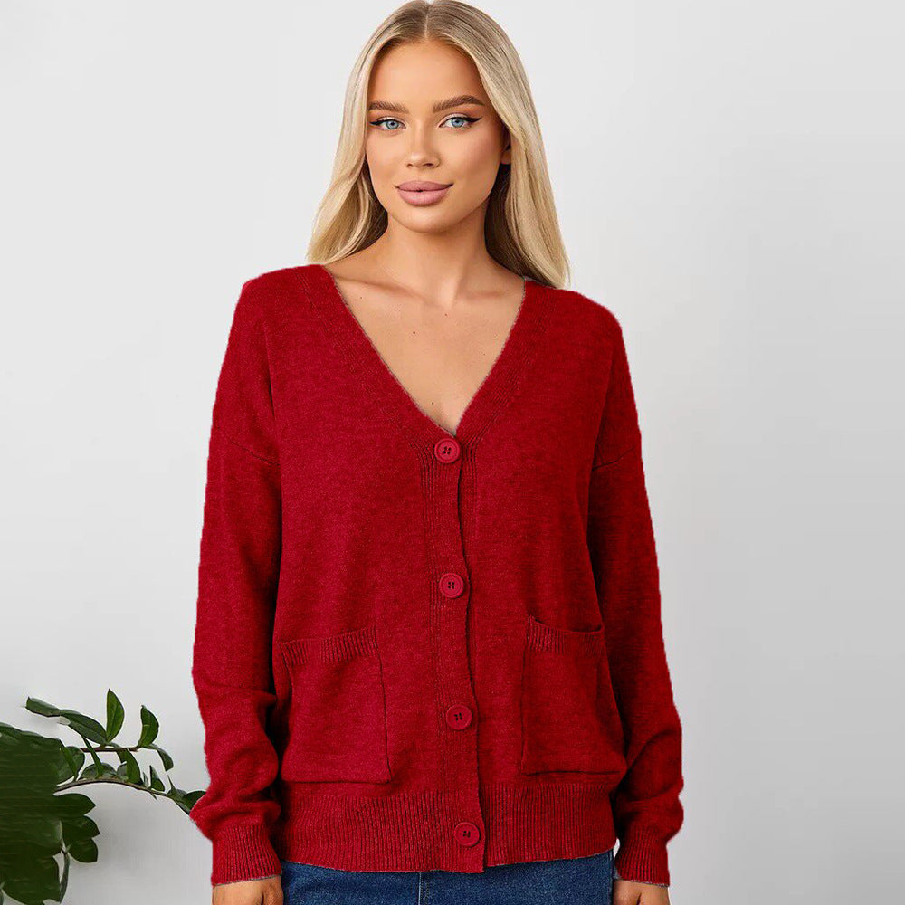 Dame Oversized V-Udskæring Knap-Cardigan med Lommer Stilla