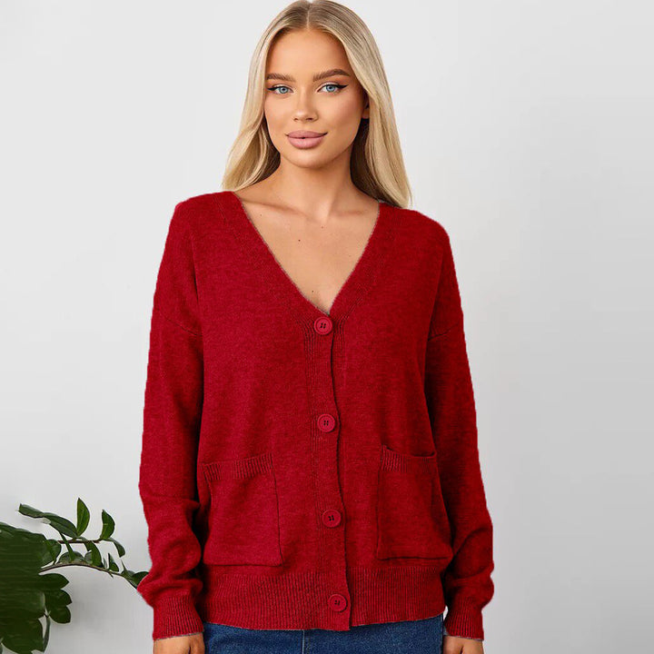 Dame Oversized V-Udskæring Knap-Cardigan med Lommer Stilla
