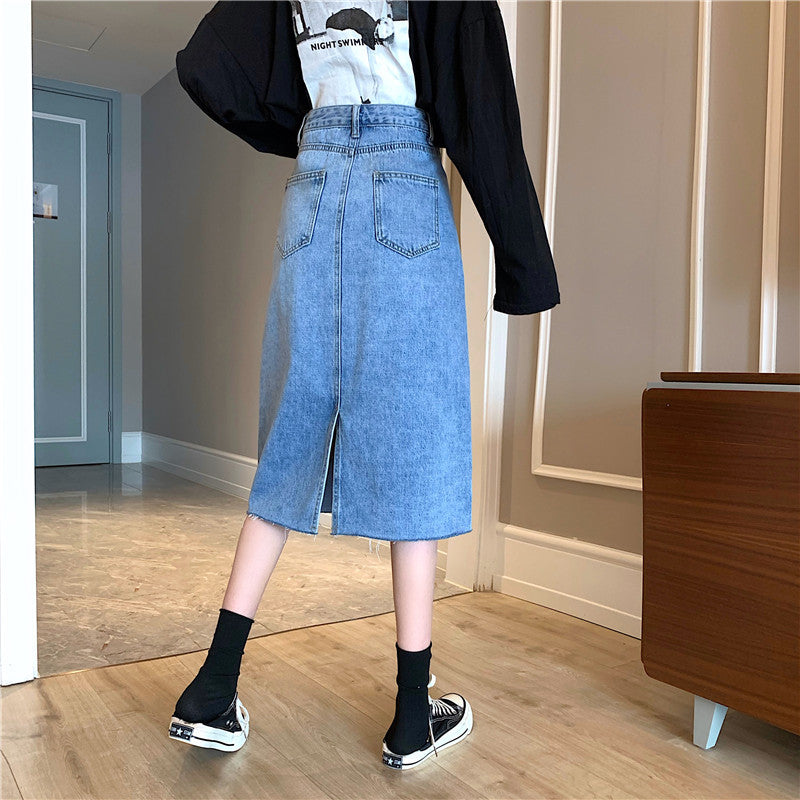 Dame Midi Denim Nederdel med Uregelmæssig Kant Stilla