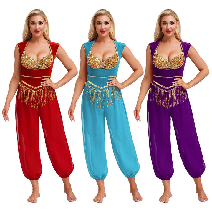 Dame kostume-jumpsuit med glitrende overdel og afslappet bukser Skovae
