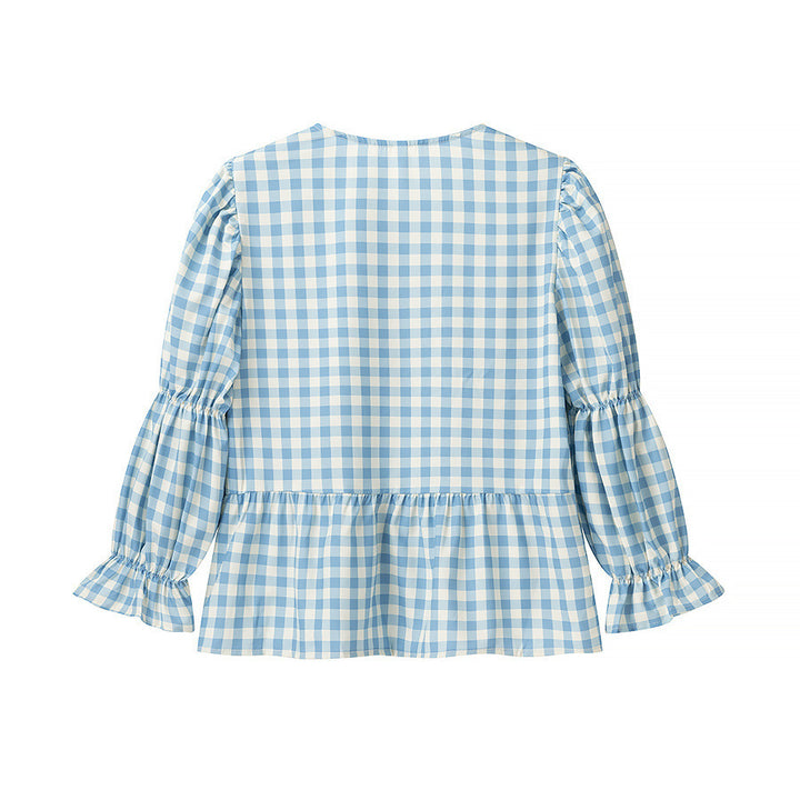 Dame Rüschenshirt med ternet mønster og romantisk bånd Stilla