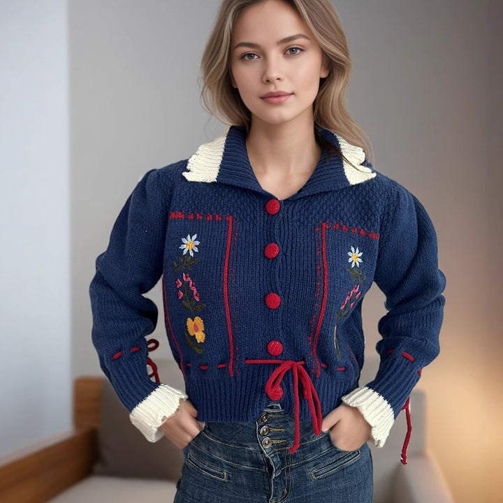 Kvinde cardigan med blomst broderi og moderne snorelukning Stilla