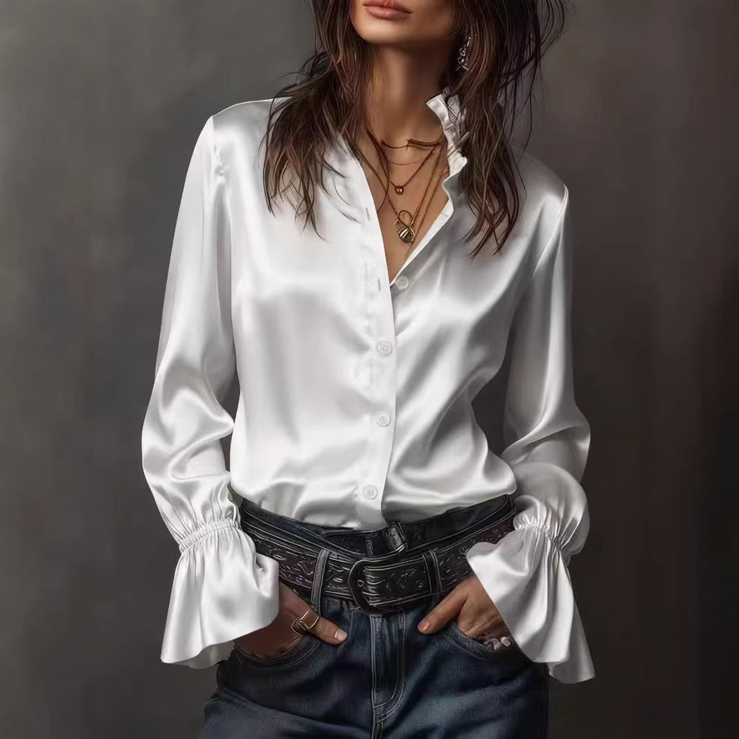 Dame Elegant silke bluse med rynker ved ærmerne Skovae