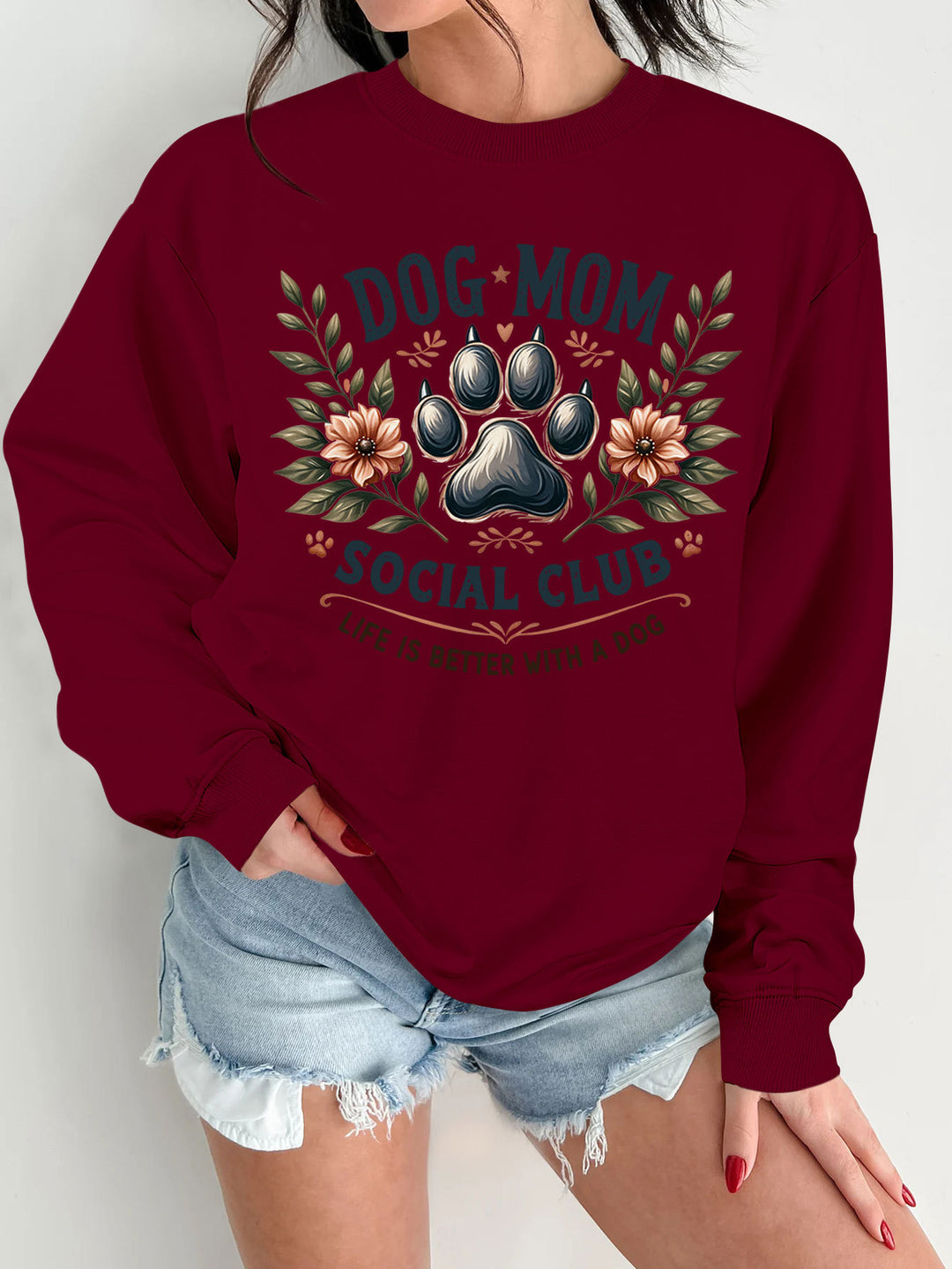 Kvindernes sweatshirt med trendy hundemotiv og forbedret print Stilla