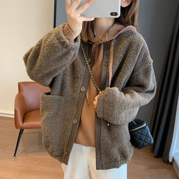 Kvindernes fluffy oversized jakke med store lommer