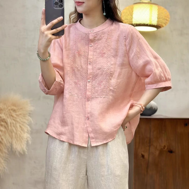 Femme Broderet Linned Knap-Op-Bluse Stilla