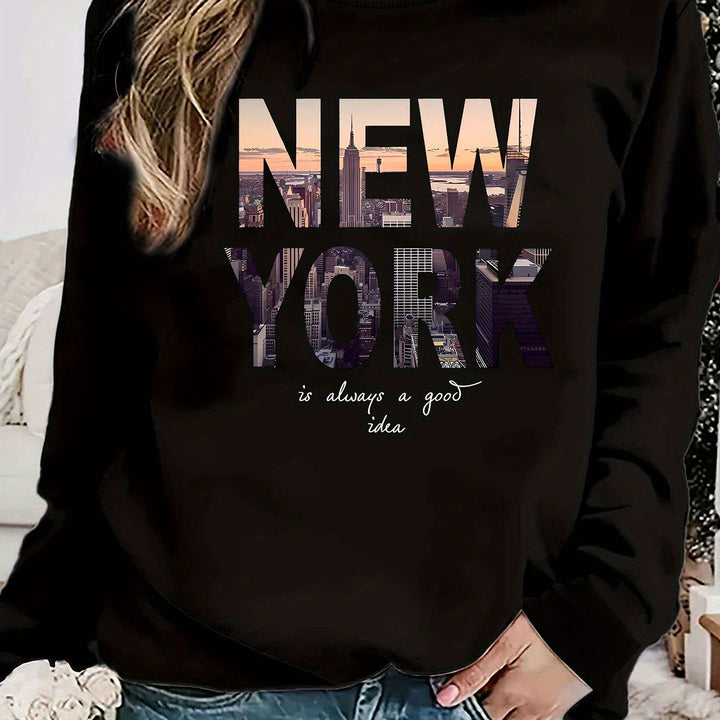 Kvinders sweatshirt med kreativ New York skyline print og hyggelig pasform Stilla