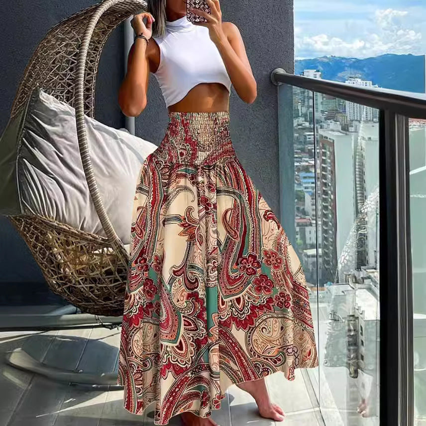 Femme Bohemian Maxi-nederdel med livligt print Stilla