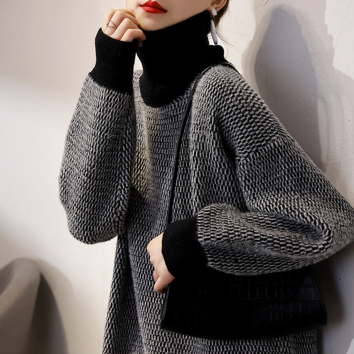 Kvinders chunky strik sweater med høj krave og moderne mønster Stilla